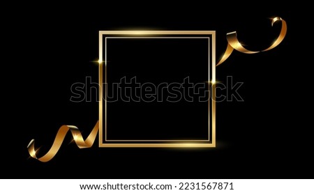 Gold square frame with golden silk ribbon vector illustration. Realistic 3d vintage luxury banner for memorial awards ceremony, elegant frame invitation on black background.