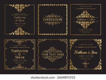 Gold square frame for invitation in modern vintage style. Frame template for cards, posters, banners