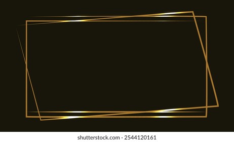 Gold square frame. Line art. Isolated on black background. Shiny glowing frame with shadows. Luxury realistic rectangle border. Decorative frame. Empty copy space for decoration, photo, banner. Simple