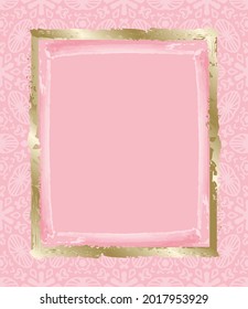 Marco cuadrado dorado hecho de pinceladas en un fondo rosado. Diseño acuarela para la decoración de una tarjeta de matrimonio, empaque cosmético, invitación, felicitación o publicidad. Rosa y oro.Vector.