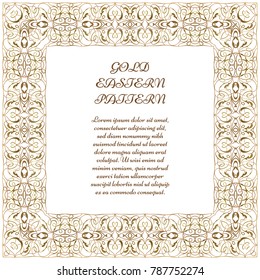 Gold square frame. Ornate vignette for Your design cards, invitations. Element in Arabic style. Vector illustration.