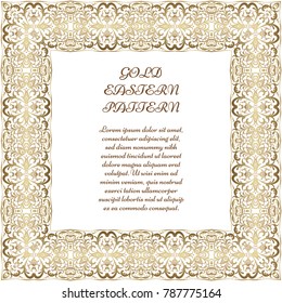 Gold square frame. Ornate vignette for Your design cards, invitations. Element in Arabic style. Vector illustration.