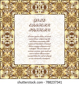 Gold square frame. Ornate vignette for Your design cards, invitations. Element in Arabic style. Vector illustration.