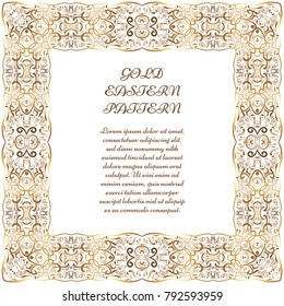 Gold square frame. Ornate vignette for Your design cards, invitations. Element in Arabic style. Vector illustration.