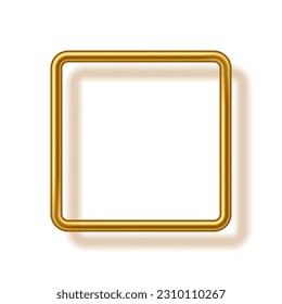 Gold square frame for picture with shadow on white background. Blank space for picture, painting, card or photo. 3d realistic tube template vector illustration. Simple golden object mockup.