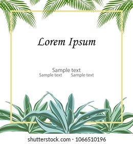 Gold square frame with text space of tropical leaves palm branch and dracaena. Suitable for nature concept, vacation, and summer holiday. Vector Illustration.White background