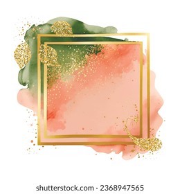 Gold square frames with colorful watercolor splash splatter stain brush strokes painting pattern on white background. Gold glitter, leaves, flowers. Trendy isolated watercolor design on white. Element