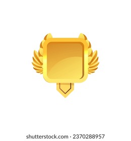 Gold square medal with wings vector illustration. Prize for winning, achievement in game. Shiny metal badge. UI element and icon.