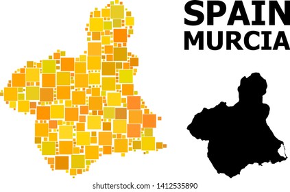 Gold square mosaic and solid map of Murcia Province. Vector geographic map of Murcia Province in yellow golden color tints. Abstract mosaic is composed with scattered flat rectangle points.
