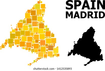 Gold square mosaic and solid map of Madrid Province. Vector geographic map of Madrid Province in yellow golden color tinges. Abstract concept is created from randomized flat square dots.