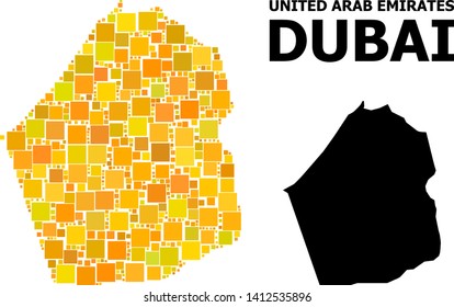 Gold square mosaic and solid map of Dubai Emirate. Vector geographic map of Dubai Emirate in yellow golden color shades. Abstract mosaic is organized with scattered flat square dots.