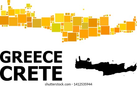 Gold square mosaic and solid map of Crete Island. Vector geographic map of Crete Island in yellow golden color hues. Abstract collage is constructed with randomized flat square dots.