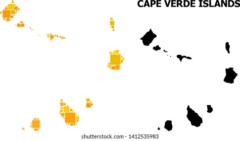 Gold square mosaic and solid map of Cape Verde Islands. Vector geographic map of Cape Verde Islands in yellow golden color shades. Abstract mosaic is done with scattered flat square points.