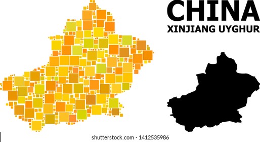 Gold square mosaic and solid map of Xinjiang Uyghur Region. Vector geographic map of Xinjiang Uyghur Region in yellow golden color shades.