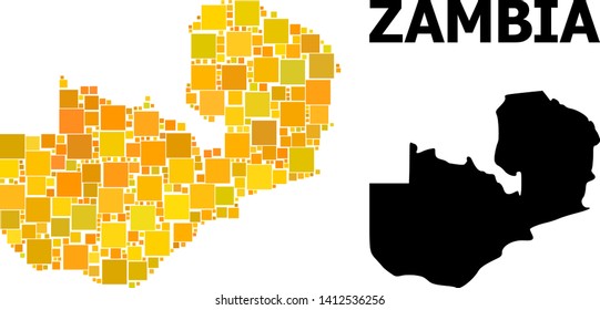 Gold square mosaic and solid map of Zambia. Vector geographic map of Zambia in yellow golden color tones. Abstract composition is composed from random flat square pixels.