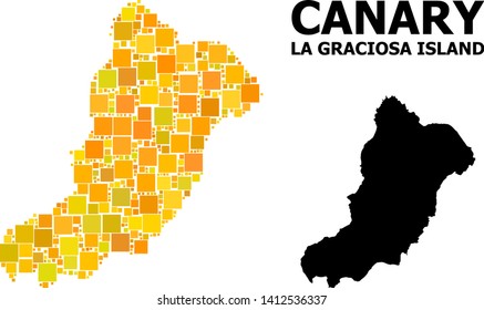 Gold square mosaic and solid map of La Graciosa Island. Vector geographic map of La Graciosa Island in yellow golden color tints. Abstract mosaic is created with randomized flat square items.