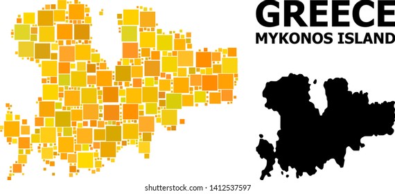 Gold square mosaic and solid map of Mykonos Island. Vector geographic map of Mykonos Island in yellow golden color shades. Abstract mosaic is combined from randomized flat square dots.