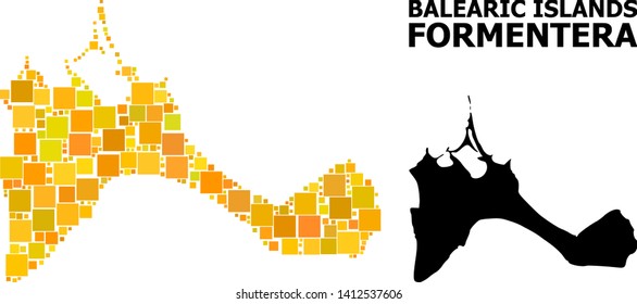 Gold square mosaic and solid map of Formentera Island. Vector geographic map of Formentera Island in yellow golden color tones. Abstract mosaic is composed from randomized flat rectangle items.