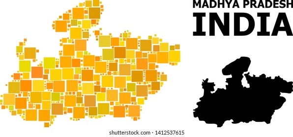 Gold square mosaic and solid map of Madhya Pradesh State. Vector geographic map of Madhya Pradesh State in yellow golden color hues.