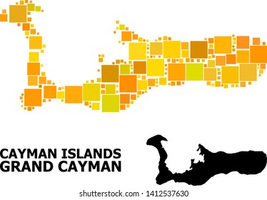 Gold square mosaic and solid map of Grand Cayman Island. Vector geographic map of Grand Cayman Island in yellow golden color variations.