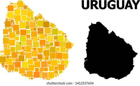 Gold square mosaic and solid map of Uruguay. Vector geographic map of Uruguay in yellow golden color tints. Abstract mosaic is constructed from scattered flat square pixels.