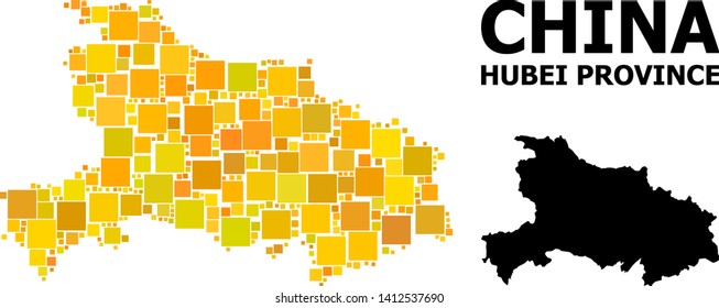 Gold square mosaic and solid map of Hubei Province. Vector geographic map of Hubei Province in yellow golden color shades. Abstract mosaic is organized with randomized flat square parts.