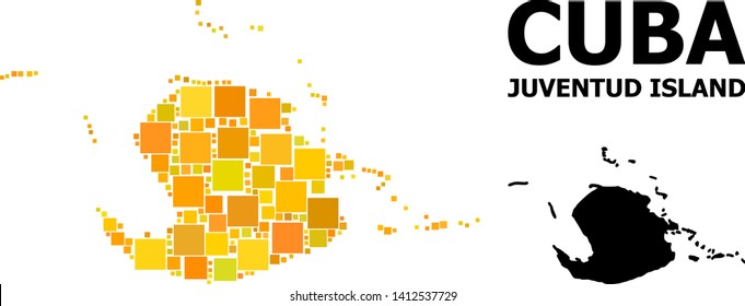 Gold square mosaic and solid map of Juventud Island. Vector geographic map of Juventud Island in yellow golden color variations. Abstract composition is designed from scattered flat square pixels.