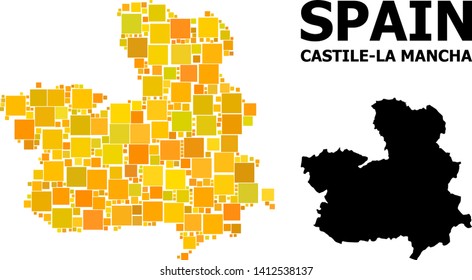 Gold square mosaic and solid map of Castile-La Mancha Province. Vector geographic map of Castile-La Mancha Province in yellow golden color tints.