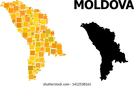 Gold square mosaic and solid map of Moldova. Vector geographic map of Moldova in yellow golden color tinges. Abstract concept is created with randomized flat square pixels.