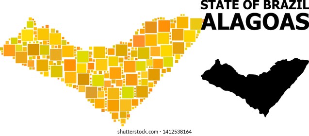 Gold square mosaic and solid map of Alagoas State. Vector geographic map of Alagoas State in yellow golden color tinges. Abstract mosaic is organized with scattered flat rectangle elements.