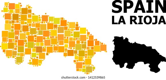 Gold square mosaic and solid map of La Rioja Spanish Province. Vector geographic map of La Rioja Spanish Province in yellow golden color tones.