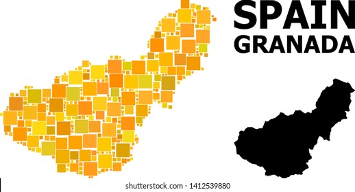 Gold square mosaic and solid map of Granada Province. Vector geographic map of Granada Province in yellow golden color tones. Abstract mosaic is constructed with randomized flat square dots.