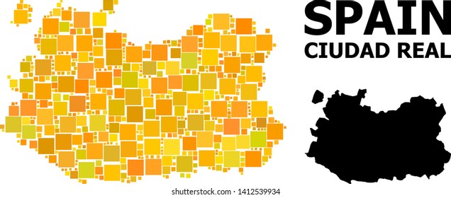 Gold square mosaic and solid map of Ciudad Real Province. Vector geographic map of Ciudad Real Province in yellow golden color hues.