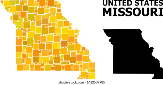 Gold square mosaic and solid map of Missouri State. Vector geographic map of Missouri State in yellow golden color variations. Abstract mosaic is composed from scattered flat square dots.