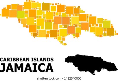 Gold square mosaic and solid map of Jamaica. Vector geographic map of Jamaica in yellow golden color tones. Abstract composition is done with randomized flat square dots.