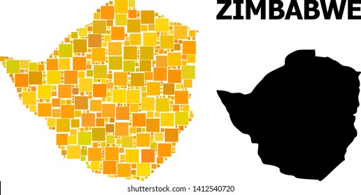 Gold square mosaic and solid map of Zimbabwe. Vector geographic map of Zimbabwe in yellow golden color tints. Abstract collage is created with random flat square dots.