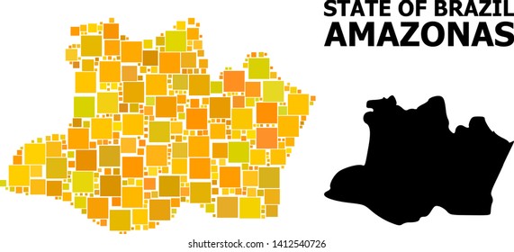 Gold square mosaic and solid map of Amazonas State. Vector geographic map of Amazonas State in yellow golden color shades. Abstract composition is combined with random flat square items.