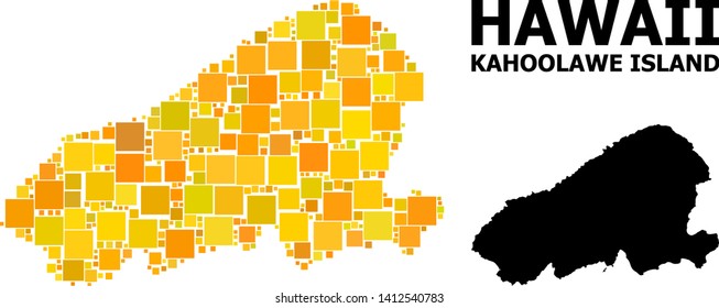 Gold square mosaic and solid map of Kahoolawe Island. Vector geographic map of Kahoolawe Island in yellow golden color tinges. Abstract mosaic is created from randomized flat rectangular items.