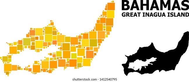Gold square mosaic and solid map of Great Inagua Island. Vector geographic map of Great Inagua Island in yellow golden color tinges. Abstract composition is constructed from random flat square parts.