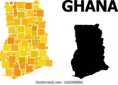 Gold square mosaic and solid map of Ghana. Vector geographic map of Ghana in yellow golden color tints. Abstract mosaic is constructed with random flat square items.