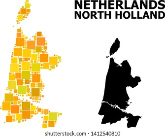 Gold square mosaic and solid map of North Holland. Vector geographic map of North Holland in yellow golden color hues. Abstract mosaic is designed from randomized flat rectangular points.