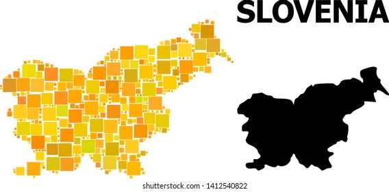 Gold square mosaic and solid map of Slovenia. Vector geographic map of Slovenia in yellow golden color variations. Abstract mosaic is combined with scattered flat rectangle elements.