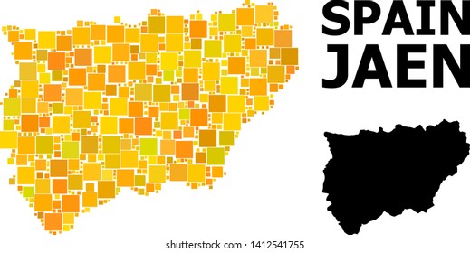 Gold square mosaic and solid map of Jaen Spanish Province. Vector geographic map of Jaen Spanish Province in yellow golden color tones.