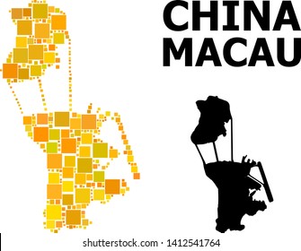 Gold square mosaic and solid map of Macau. Vector geographic map of Macau in yellow golden color tints. Abstract mosaic is created with random flat square points.