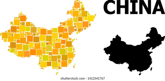 Gold square mosaic and solid map of China. Vector geographic map of China in yellow golden color shades. Abstract mosaic is organized with random flat rectangle items.