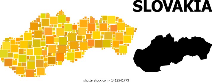 Gold square mosaic and solid map of Slovakia. Vector geographic map of Slovakia in yellow golden color shades. Abstract mosaic is created from randomized flat rectangular elements.