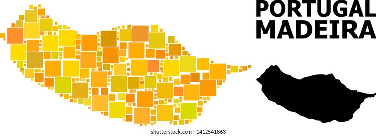 Gold square mosaic and solid map of Madeira Island. Vector geographic map of Madeira Island in yellow golden color variations. Abstract mosaic is combined with randomized flat square items.