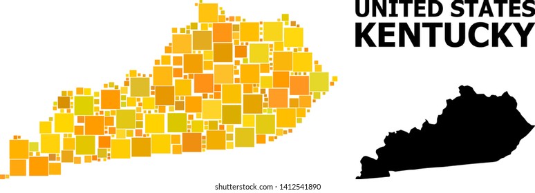 Gold square mosaic and solid map of Kentucky State. Vector geographic map of Kentucky State in yellow golden color shades. Abstract mosaic is combined with scattered flat rectangular items.