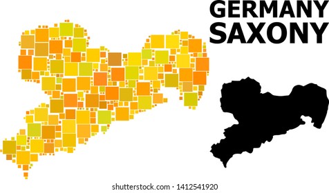 Gold square mosaic and solid map of Saxony State. Vector geographic map of Saxony State in yellow golden color tints. Abstract mosaic is combined with scattered flat rectangle dots.