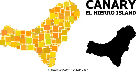 Gold square mosaic and solid map of El Hierro Island. Vector geographic map of El Hierro Island in yellow golden color tones. Abstract composition is constructed from scattered flat square elements.